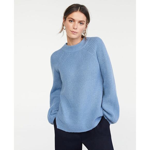 Ann Taylor Blue Wool Blend Crewneck Ribbed Knit Pullover...